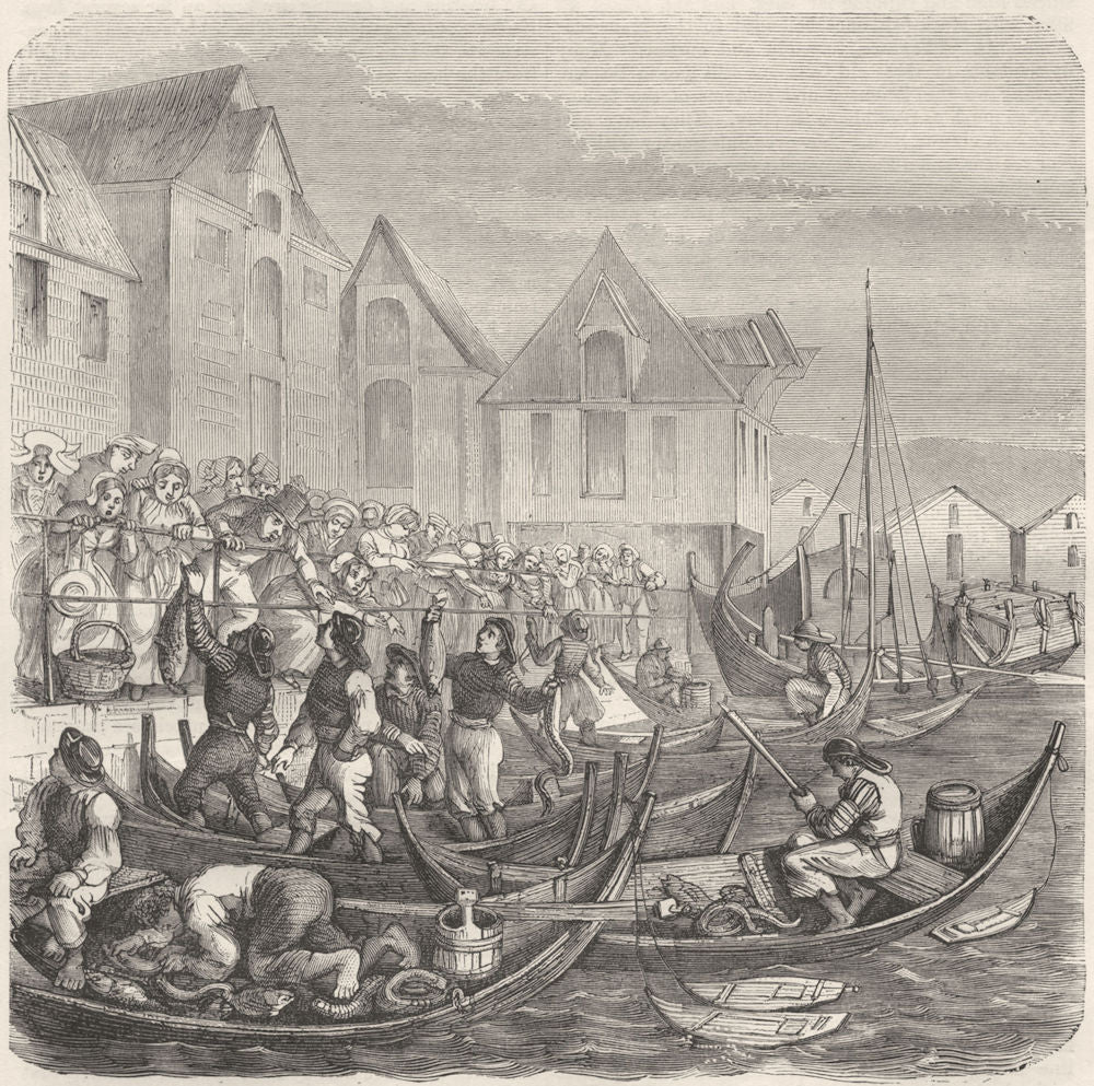 NORWAY. Fish-Market at Bergen 1871 old antique vintage print picture